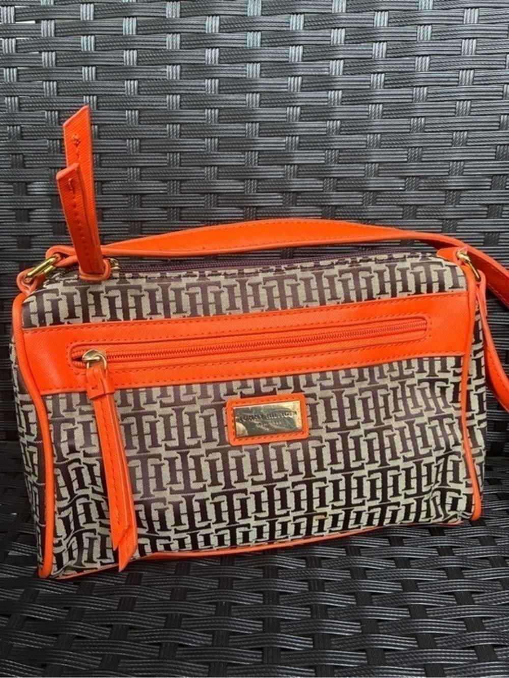 Tommy Hilfiger Brown Monogram Shoulder Bag with Orange Trim - Picture 1 of 11